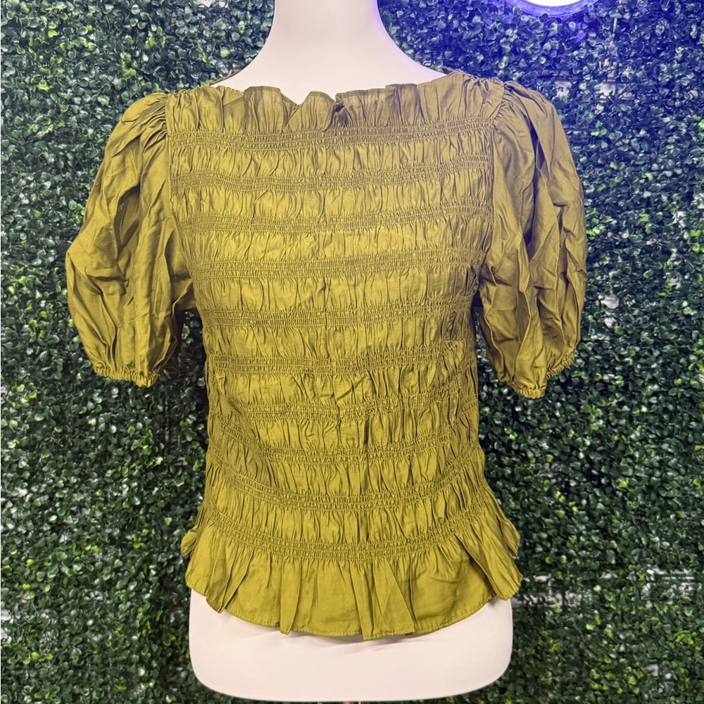 Women's Olive Green Puff Sleeve Smocked Top